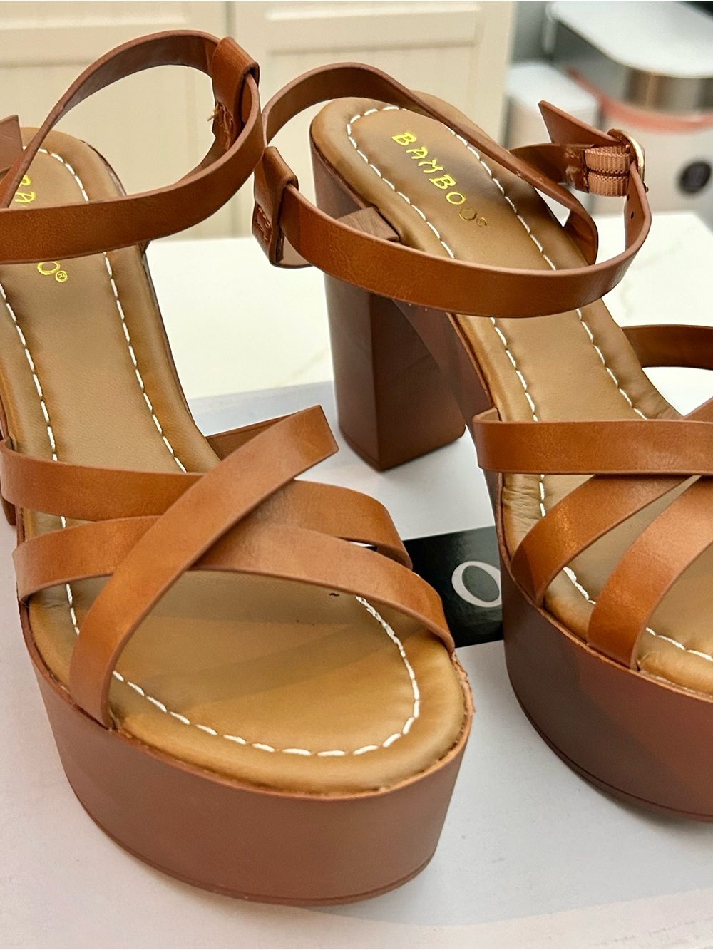 BAMBOO Cognac Brown Strappy Platform Block Heel Sandals